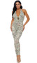 Sleeveless money print jumpsuit with plunging neckline, halter tie closure and sexy low cut back.