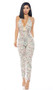 Sleeveless money print jumpsuit with plunging neckline, halter tie closure and sexy low cut back.