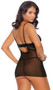 Mesh, lace and satin babydoll with underwire cups, strappy front with mini o ring detail, adjustable shoulder straps and keyhole back with hook and eye closure. Matching G-string also included. Two piece set.