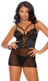 Mesh, lace and satin babydoll with underwire cups, strappy front with mini o ring detail, adjustable shoulder straps and keyhole back with hook and eye closure. Matching G-string also included. Two piece set.