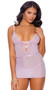 Sheer mesh babydoll with underwire cups, eyelash lace trim with satin ribbon detail, adjustable shoulder straps and keyhole back with hook and eye closure. Matching G-string included. Two piece set.