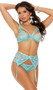 Lace bra with strappy underwire cups, double adjustable shoulder straps and hook and eye back closure. Garter belt has adjustable garters and hook and eye back closure. Matching panty with cheeky cut back also included. Three piece set. 
