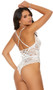 Sheer lace teddy featuring plunging V neckline, adjustable criss cross shoulder straps, scalloped trim, high cut on the leg, and satin ribbon lace up back. Slip on style.