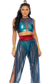 Sexy genie movie character costume includes sheer mesh sleeveless pullover crop top with metallic front panels, matching metallic panty, and harem style sheer iridescent high-waisted pants with side slits, balloon legs and zipper back. Metallic gold wrist cuffs and hair wrap also included. Five piece set.