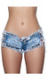 Low rise mini jean shorts with lace up sides, faded stars and stripes flag print trim, a double button fly closure, mini front pockets, cut off frayed hems and distressed front and back.