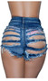 Medium rise mini jean shorts with a button and zipper fly closure, mini front pockets, belt loops, cut off frayed hems, distressed front and slashed back.