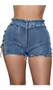 High rise jean shorts with front zipper closure, cut off frayed hems, and tie up side to back design.