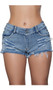 Mid rise jean shorts with button fly and zipper closure, mini front pockets, front belt loops, distressed with cut off frayed hems, and tie up side to back panel design.