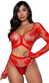 Sheer long sleeve wide net cami crop top with floral design, wide neckline and scoop back. Matching booty shorts with cheeky back also included. Two piece set.