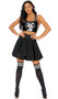 Spell It Out sexy movie character costume includes sleeveless vinyl crop top with screen print pentagram symbol and racerback straps, high waisted vinyl pleated skirt with zipper back and button closure, and matching above the knee socks with striped tops. Three piece set.