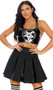 Spell It Out sexy movie character costume includes sleeveless vinyl crop top with screen print pentagram symbol and racerback straps, high waisted vinyl pleated skirt with zipper back and button closure, and matching above the knee socks with striped tops. Three piece set.