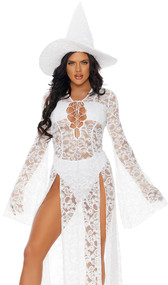 What a Witch costume includes sheer lace maxi dress with trumpet sleeves, front slits and lace up front, solid panty, and pointy witch hat. Three piece set.