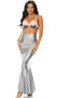 Sea Me Shining Mermaid costume includes a pastel ombre shell bra crop top with scalloped edge, rhinestone detail, criss cross adjustable shoulder straps and back hook and eye closure. Matching hologram mermaid skirt with high waist and metallic scale print also included. Two piece set.