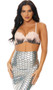 Sea Me Shining Mermaid costume includes a pastel ombre shell bra crop top with scalloped edge, rhinestone detail, criss cross adjustable shoulder straps and back hook and eye closure. Matching hologram mermaid skirt with high waist and metallic scale print also included. Two piece set.