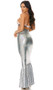 Sea Me Shining Mermaid costume includes a pastel ombre shell bra crop top with scalloped edge, rhinestone detail, criss cross adjustable shoulder straps and back hook and eye closure. Matching hologram mermaid skirt with high waist and metallic scale print also included. Two piece set.