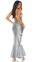 Sea Me Shining Mermaid costume includes a pastel ombre shell bra crop top with scalloped edge, rhinestone detail, criss cross adjustable shoulder straps and back hook and eye closure. Matching hologram mermaid skirt with high waist and metallic scale print also included. Two piece set.