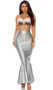 Sea Me Shining Mermaid costume includes a pastel ombre shell bra crop top with scalloped edge, rhinestone detail, criss cross adjustable shoulder straps and back hook and eye closure. Matching hologram mermaid skirt with high waist and metallic scale print also included. Two piece set.