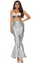 Sea Me Shining Mermaid costume includes a pastel ombre shell bra crop top with scalloped edge, rhinestone detail, criss cross adjustable shoulder straps and back hook and eye closure. Matching hologram mermaid skirt with high waist and metallic scale print also included. Two piece set.