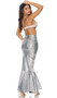 Sea Me Shining Mermaid costume includes a pastel ombre shell bra crop top with scalloped edge, rhinestone detail, criss cross adjustable shoulder straps and back hook and eye closure. Matching hologram mermaid skirt with high waist and metallic scale print also included. Two piece set.