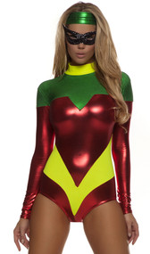 Astonishing Accomplice superhero costume includes metallic long sleeve bodysuit with mock neck and zipper back closure. Matching headband and sequin cat eye mask with elastic strap also included. Three piece set.