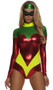Astonishing Accomplice superhero costume includes metallic long sleeve bodysuit with mock neck and zipper back closure. Matching headband and sequin cat eye mask with elastic strap also included. Three piece set.