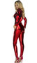 Webbed Hero costume includes long sleeve metallic catsuit with mock neck, contrast trim and zipper back. Metallic headband also included. Two piece set.