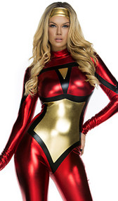Webbed Hero costume includes long sleeve metallic catsuit with mock neck, contrast trim and zipper back. Metallic headband also included. Two piece set.