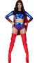 Famous Hero superhero costume includes metallic long sleeve crop top with attached cape and zipper back closure, matching shorts and headband. Three piece set.
