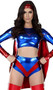 Famous Hero superhero costume includes metallic long sleeve crop top with attached cape and zipper back closure, matching shorts and headband. Three piece set.