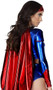 Famous Hero superhero costume includes metallic long sleeve crop top with attached cape and zipper back closure, matching shorts and headband. Three piece set.
