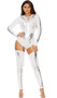 Fancy Frame skeleton costume includes long sleeve bodysuit with screen printed skeleton bones, garter straps and plain back. Matching thigh high stockings also included. Two piece set.