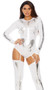 Fancy Frame skeleton costume includes long sleeve bodysuit with screen printed skeleton bones, garter straps and plain back. Matching thigh high stockings also included. Two piece set.
