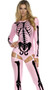Bone Collector skeleton costume includes long sleeve bodysuit with screen printed skeleton bones, garter straps and plain back. Matching thigh high stockings also included. Two piece set.