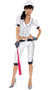The Babe baseball uniform costume set includes pinstriped jersey style top featuring puffy sleeves with satin ribbon detail, snap front closure and "Perfect 10" screen print. Matching capris with white ribbons, batting gloves, baseball cap and buckle belt also included. Five piece set.