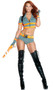 Call Me Sexy movie character costume set includes short sleeve crop top with sleeve screen print, zipper front, collar, and contrast trim. Matching cheeky shorts, belt, harness and fingerless gloves also included. Five piece set.