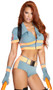 Call Me Sexy movie character costume set includes short sleeve crop top with sleeve screen print, zipper front, collar, and contrast trim. Matching cheeky shorts, belt, harness and fingerless gloves also included. Five piece set.