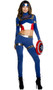 American Fine Fighter costume includes long sleeve crop top with mock neck, sheer mesh panel, metallic arm band detail and zipper back closure. Matching leggings, metallic harness and headband with star detail also included. Four piece set.