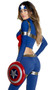 American Fine Fighter costume includes long sleeve crop top with mock neck, sheer mesh panel, metallic arm band detail and zipper back closure. Matching leggings, metallic harness and headband with star detail also included. Four piece set.