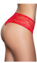 Mid rise panty with sheer stretch eyelash lace, scalloped trim, mini satin bow, lined crotch and thong cut back. This listing is for a pack of three panties. You will receive one of each: black, red and white.