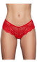 Mid rise panty with sheer stretch eyelash lace, scalloped trim, mini satin bow, lined crotch and thong cut back. This listing is for a pack of three panties. You will receive one of each: black, red and white.