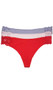 Low rise stretch thong with side lace panels and lined crotch. This listing is for a pack of three panties. You will receive one of each: red, pink and periwinkle.