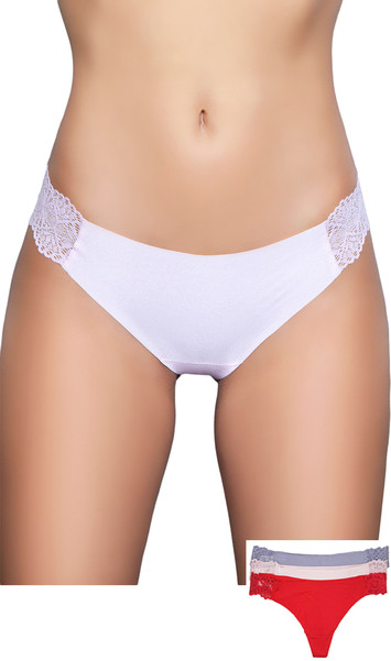 Low rise stretch thong with side lace panels and lined crotch. This listing is for a pack of three panties. You will receive one of each: red, pink and periwinkle.