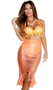 Sea Seduction Mermaid costume includes embellished halter bra top, matching panty, and sheer net mermaid skirt with back bustle. Three piece set.
