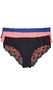 Mid rise laser cut brief panty with sheer floral lace back, scalloped trim and lined crotch. This listing is for a pack of three panties. You will receive one of each: black, navy blue and coral.
