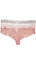 Low rise lace panty with eyelash scalloped trim, front mesh panel, elastic waistband, cheeky cut back and lined crotch. This listing is for a pack of three panties. You will receive one of each: baby pink, lavender, rose.