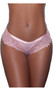 Low rise lace panty with eyelash scalloped trim, front mesh panel, elastic waistband, cheeky cut back and lined crotch. This listing is for a pack of three panties. You will receive one of each: baby pink, lavender, rose.