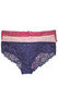 High rise lace brief panty with solid front and back panel, mini satin bow, scalloped trim, elastic waistband and lined crotch. This listing is for a pack of three panties. You will receive one of each: baby pink, raspberry, navy blue.