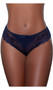 High rise lace brief panty with solid front and back panel, mini satin bow, scalloped trim, elastic waistband and lined crotch. This listing is for a pack of three panties. You will receive one of each: baby pink, raspberry, navy blue.