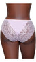 High rise lace brief panty with solid front and back panel, mini satin bow, scalloped trim, elastic waistband and lined crotch. This listing is for a pack of three panties. You will receive one of each: baby pink, raspberry, navy blue.