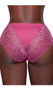 High rise lace brief panty with solid front and back panel, mini satin bow, scalloped trim, elastic waistband and lined crotch. This listing is for a pack of three panties. You will receive one of each: baby pink, raspberry, navy blue.